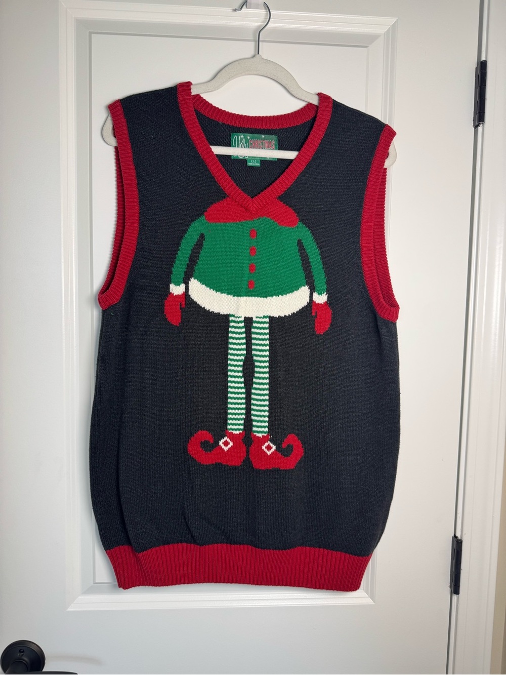 Ugly Christmas Sweater Elf V-Neck Vest - Black, Red & Green